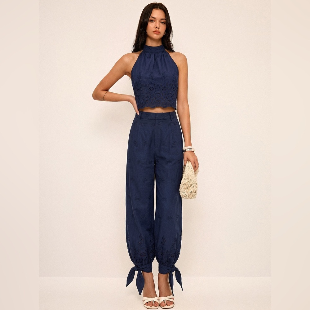 Commense Eyelet Embroidery Top & Tie-Cuff Pants Set